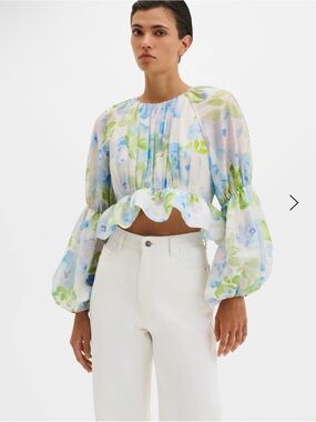 By Malina Floral Puff-Sleeve Peplum Crop Top in Light Blue and Green NWT